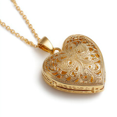 Naklejka premium Elegant gold heart-shaped locket on a delicate chain, showcasing intricate designs against a soft backdrop