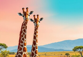 Two friendly giraffes in a simple, colorful landscape ,  savanna,  giraffes
