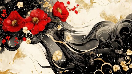 Ornate floral design with flowing black hair.