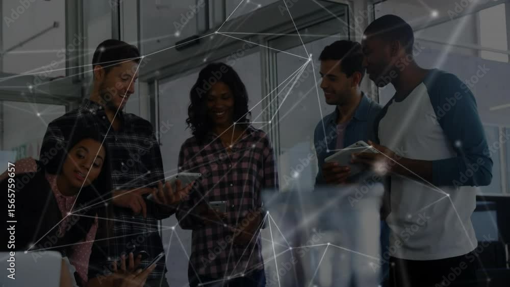 Poster seated woman scrolling phone and causing white network lines as team collaborating on tech project