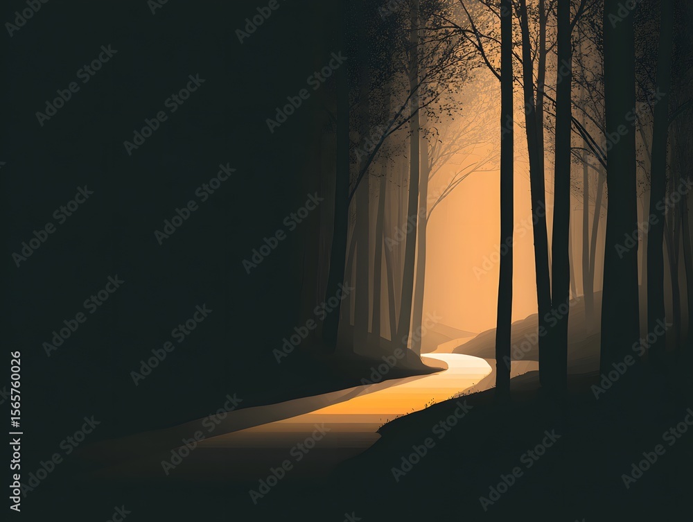 Poster a mesmerizing pathway meanders through an ethereal, fog-shrouded forest at dusk, illuminated by a ra
