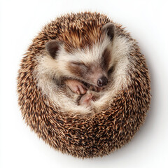 Obraz premium A curled-up hedgehog peacefully sleeping on a white background, showcasing its natural spines and fur