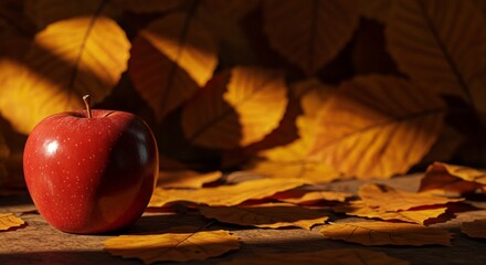 Red Apple Still Life Photography Autumn Leaves Background