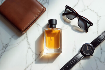 Elegant flat lay of men's essentials: cologne, watch, and sunglasses on a sunlit marble surface, Everyday Carry (EDC) for a modern gentleman