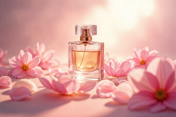 Elegant floral perfume bottle surrounded by fresh pink blossoms in soft, romantic light, luxury cosmetics and fragrance advertising concept