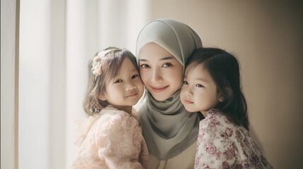 A muslim woman with two doughters