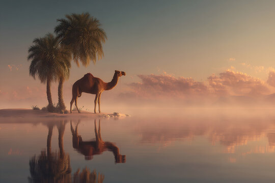 Camal standing near oasis water reflection at dawn with palm trees - Powered by Adobe