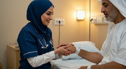 Compassionate healthcare professional comforts a patient in a hospital room, offering a reassuring hand and a warm smile.