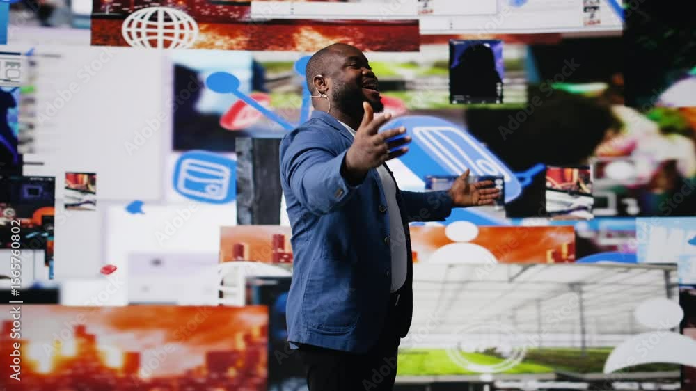 Poster african american host at digital event engages the audience with insights on social media trends, e 