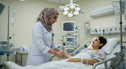 Compassionate healthcare professional comforts a patient in a modern hospital room, offering a sense of calm and reassurance during recovery.