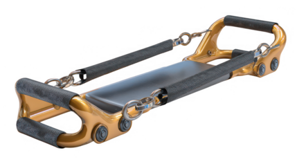 Golden pilates reformer foot strap with black handles isolated on transparent background