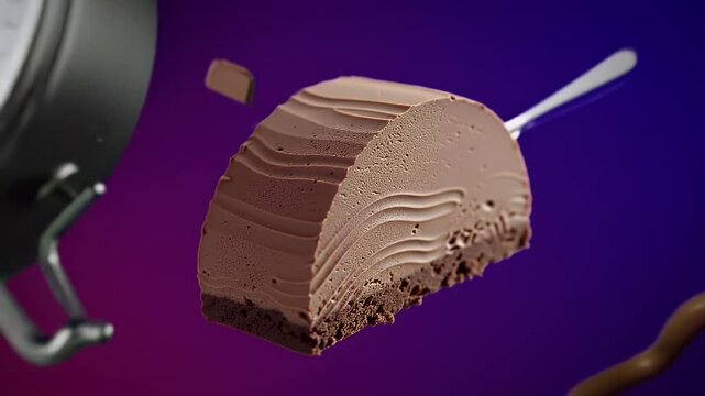 Floating Chocolate Mousse with Silver Clock and Splashing Water on Dark Purple Background