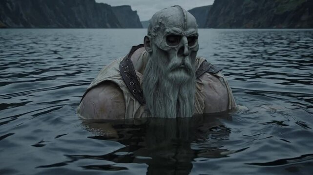Guerrier au cr&acirc;ne sculpt&eacute; &eacute;mergeant d&rsquo;un lac glacial
