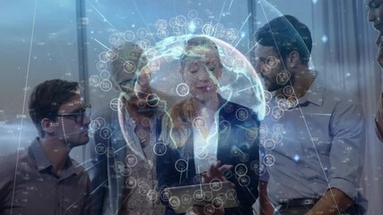 Business team tapping tablet in meeting and activating 3D globe with data icons for collaboration - Powered by Adobe