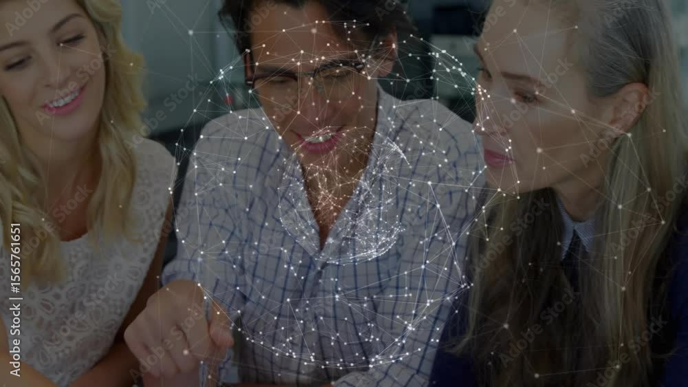 Poster colleagues tapping tablet while network visualization materializing 3d globe for tech analysis