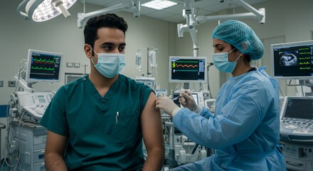 In a sterile hospital room, a doctor carefully administers a vaccination to a patient, both wearing protective masks.