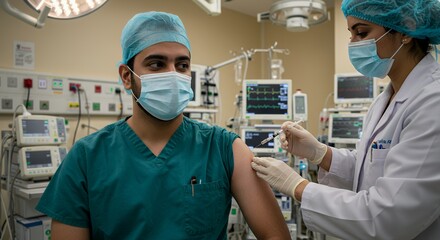 Focused medical professional administers a vaccination to a colleague in a sterile hospital operating room setting.