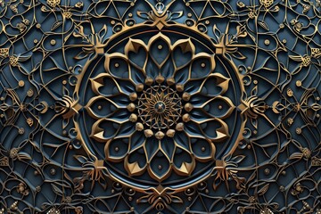 Intricate 3d arabic mandala floral pattern design with abstract gold and blue elements, perfect for texture backgrounds, textiles, and artistic projects