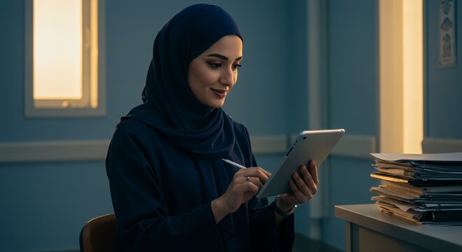 Focused young woman in hijab uses tablet, working late in dimly lit office.