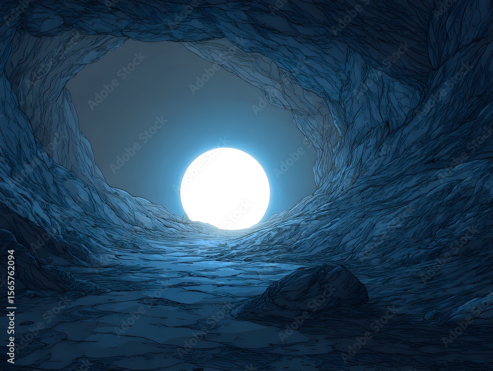 Poster a luminous celestial sphere illuminates the depths of a rugged cavern, casting an ethereal glow with