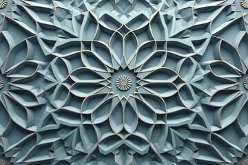 Intricate 3d paper craft design featuring Arabic mandala floral patterns in soft blue or teal tones with layered perspectives and geometric shapes for texture and abstract background decor.