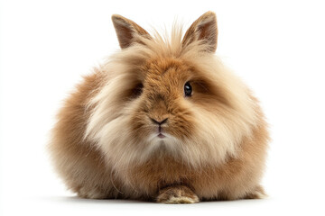 Obraz premium Fluffy brown rabbit with long fur sitting calmly against a plain white background, perfect for pet photography
