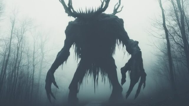 Antlered monstrosity lurking in eerie fogshrouded woods