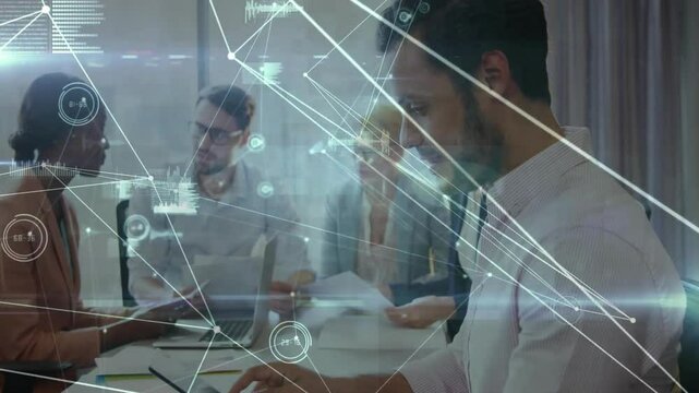 Man tapping tablet and woman speaking into headset launching analytics overlays for project update