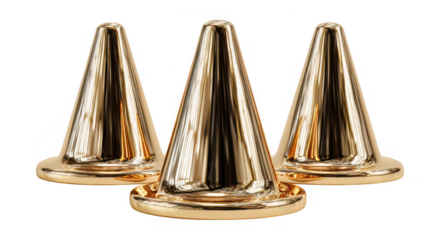 Three shiny golden cones with reflective surfaces isolated on transparent background