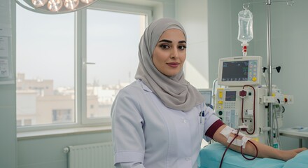 Confident female doctor in hijab, providing medical care in a modern hospital setting.