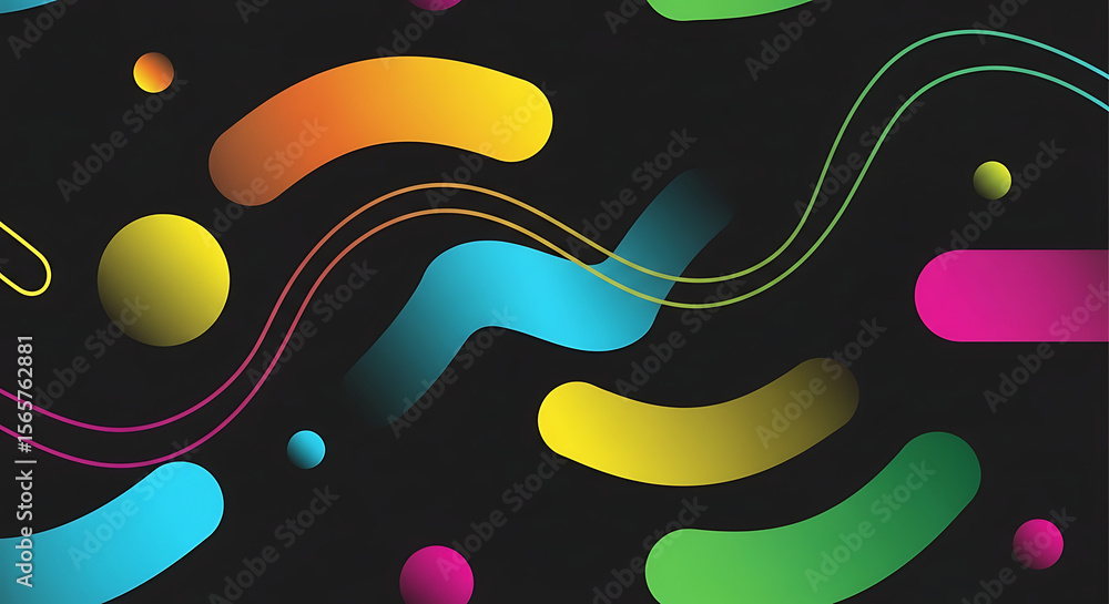 Poster colorful abstract shapes and lines dance across a dark background, creating a dynamic visual.