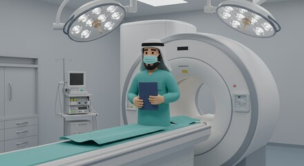 Cartoon doctor in a medical facility holds a clipboard near an MRI machine.