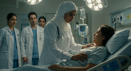 Compassionate doctor comforts a patient in a hospital room, offering solace and care amidst the medical setting.