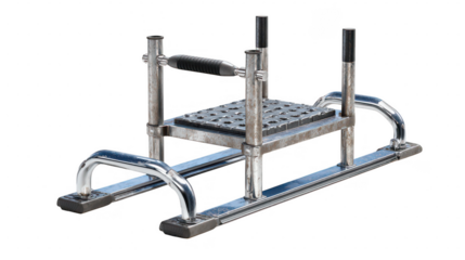 Metal exercise equipment with textured grip handle and foot platform isolated on transparent background