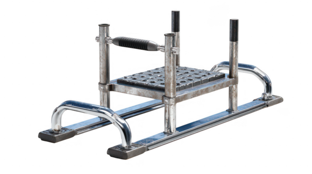 Metal exercise equipment with textured grip handle and foot platform isolated on transparent background