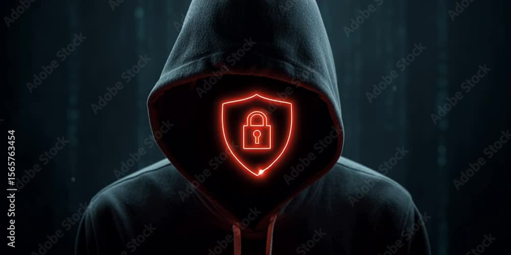 Poster a man in a black hoodie with a red glowing shield and a padlock icon on a dark background, symbolizi