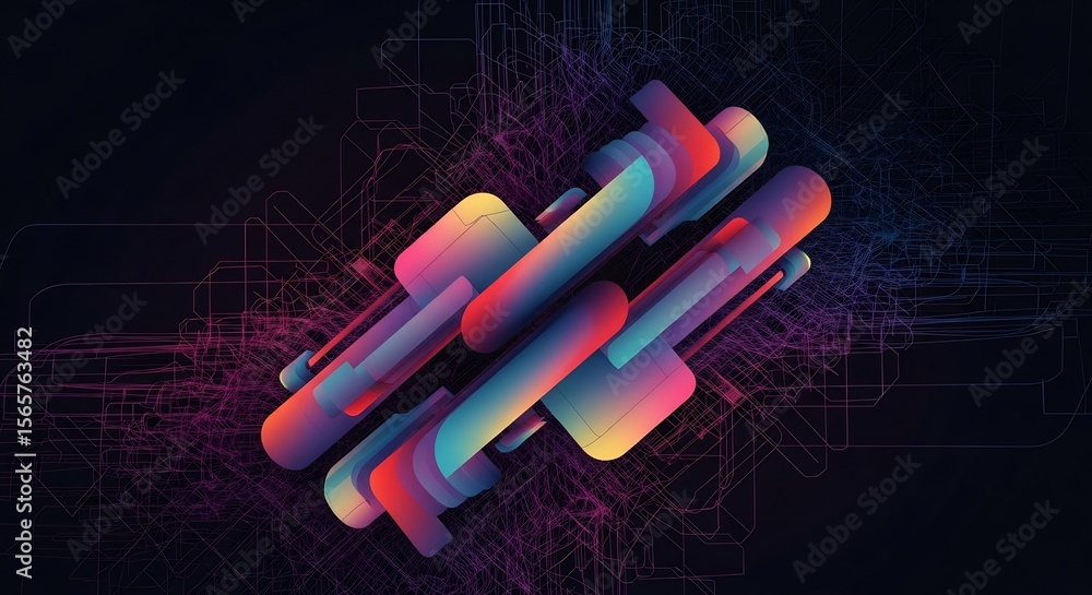Poster dynamic gradient cylinders on abstract network, dark background, modern design