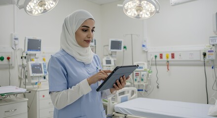 A female healthcare professional in a hijab uses a tablet in a modern hospital room, showcasing advanced medical technology and a diverse workforce.