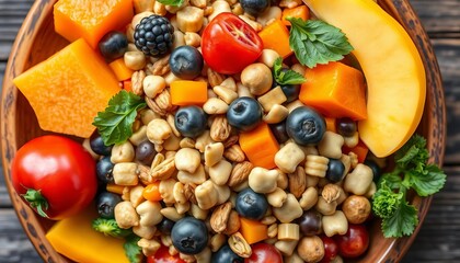 Vibrant mix of colorful fruits, vegetables, grains, and nuts in a wooden bowl, overhead shot,  fresh,  nuts