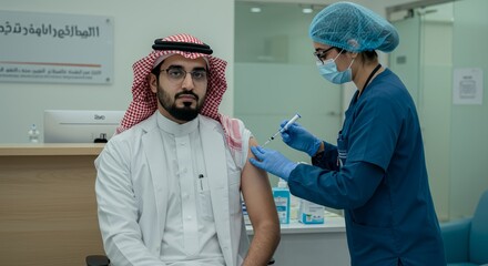 A man receives a vaccination from a healthcare professional in a modern clinic setting.