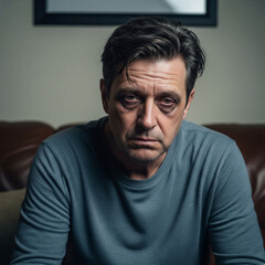 Middle-aged man staring blankly at camera with tired expression