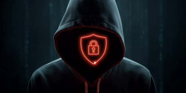 A man in a black hoodie with a red glowing shield and a padlock icon on a dark background, symbolizing data protection from cyber attacks or middlemen in a network security concept Generative AI