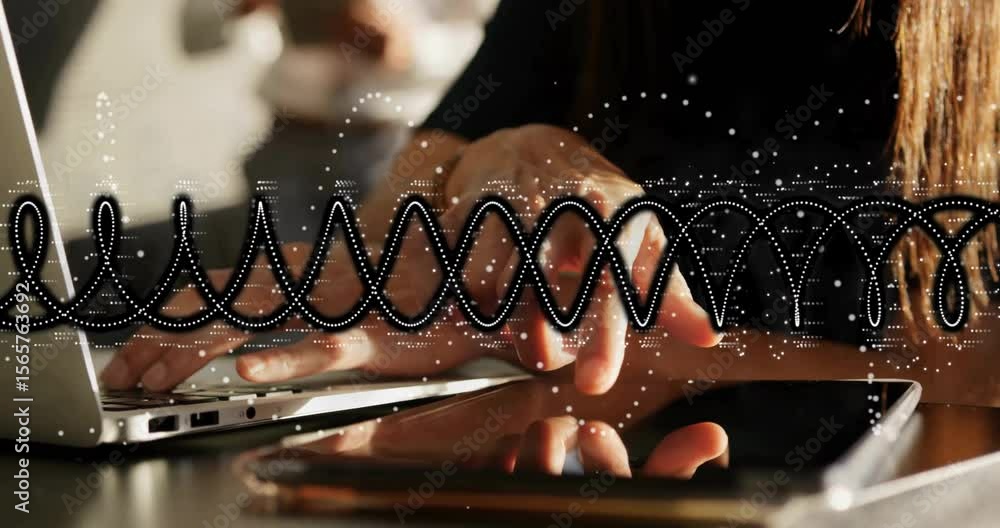 Poster woman tapping tablet creating tech waveform for data visualization and alternating typing on laptop