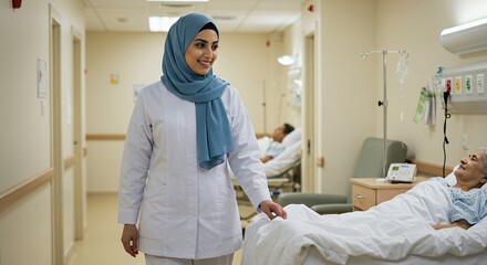 Compassionate female doctor in hijab smiles warmly while checking on a patient in a hospital hallway.
