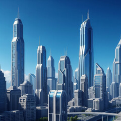 Fototapeta premium Futuristic skyscraper cityscape under blue sky