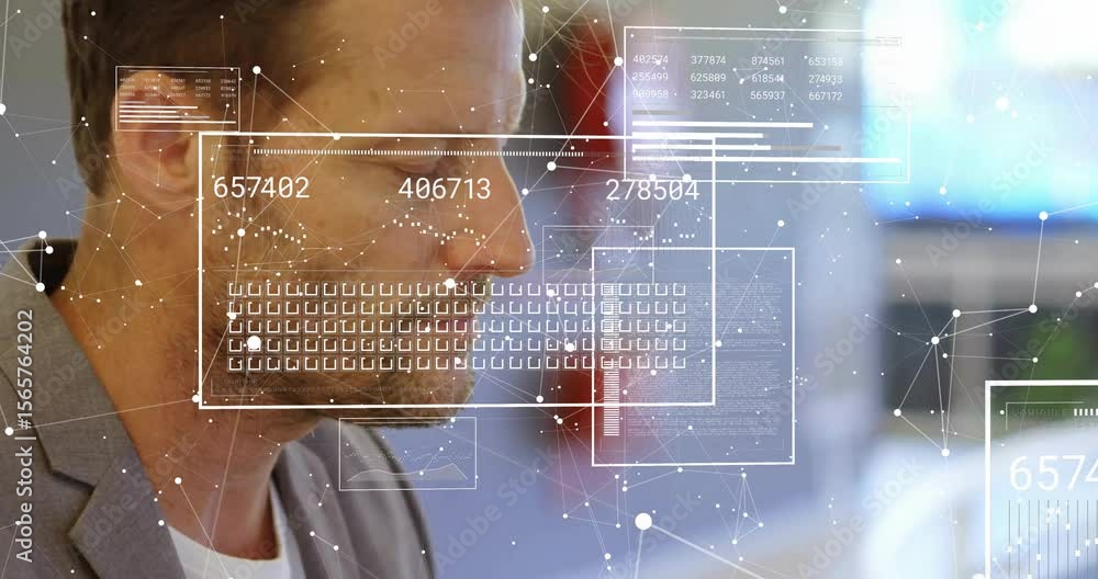 Poster graphics fading in initiating scanning with analyst evaluating numeric data for business insights