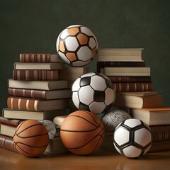 The harmonious blend of classic books and sports balls suggests a metaphor for the integration of knowledge and physical activity. An intriguing visual concept.