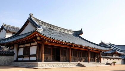 Traditional Korean Hanok house with tiled roof and wooden beams,  roof,  facade