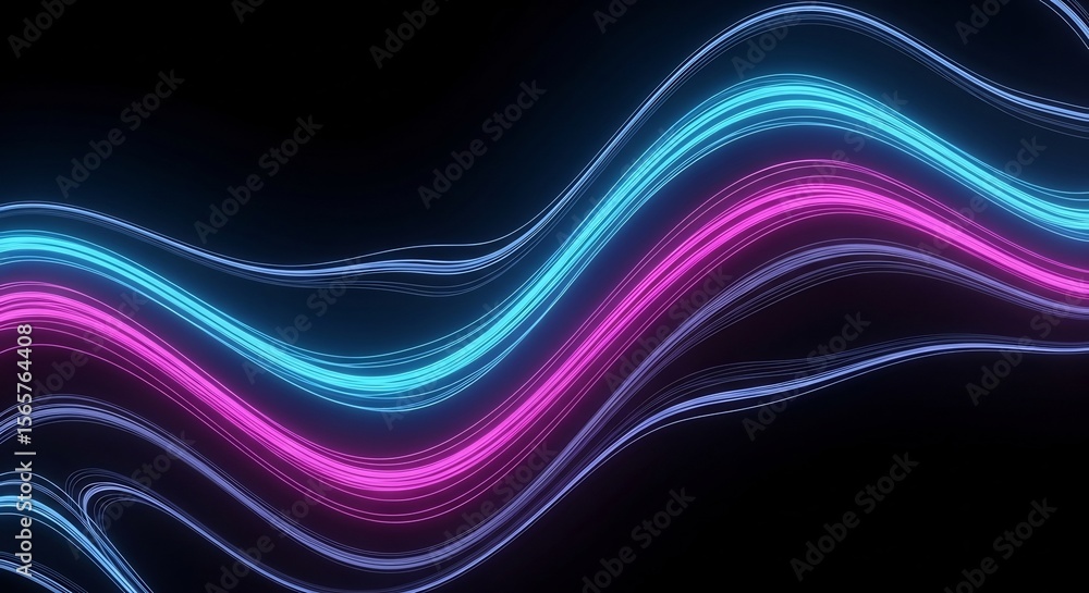 Poster dynamic neon waves: abstract flow of light in cyan and magenta on black background