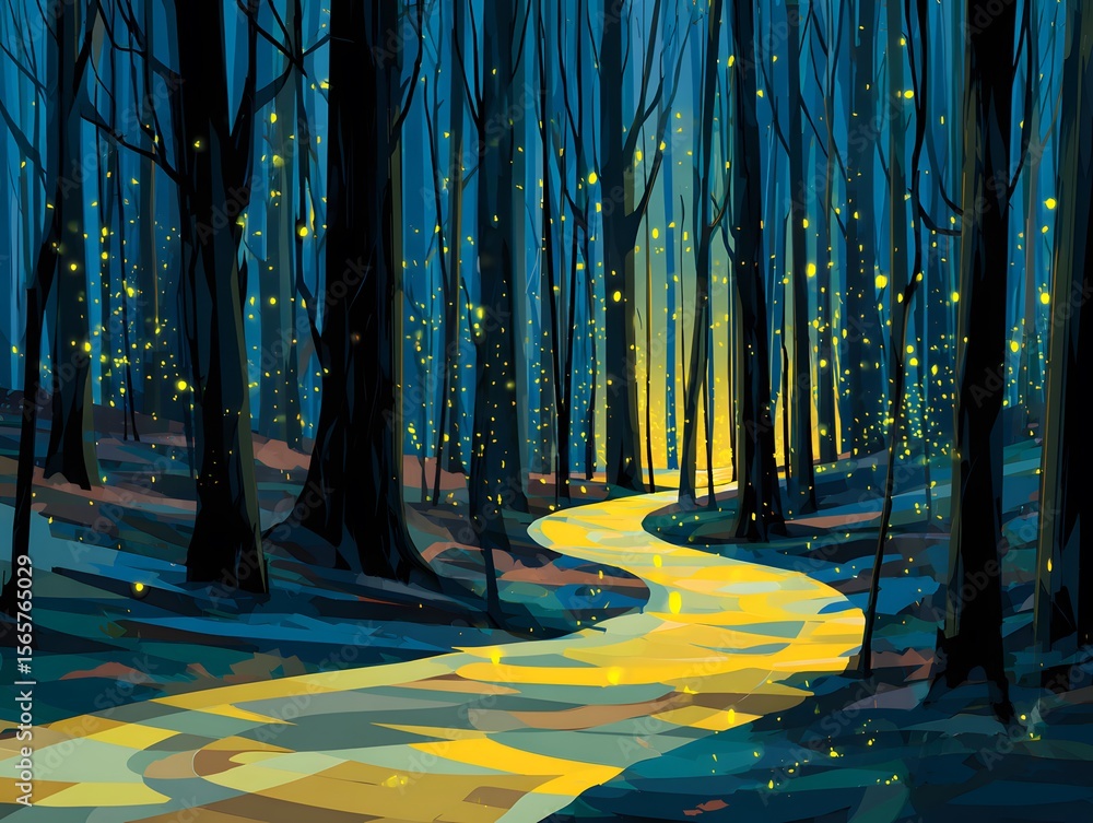 Poster enchanting scene in a deep, dark forest, where a luminous path winds through towering trees at night